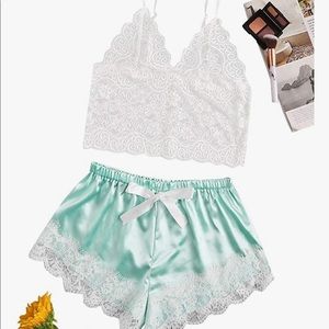 Mint Green Floral Lace Cami Top with Shorts Sleepwear Pajama Set